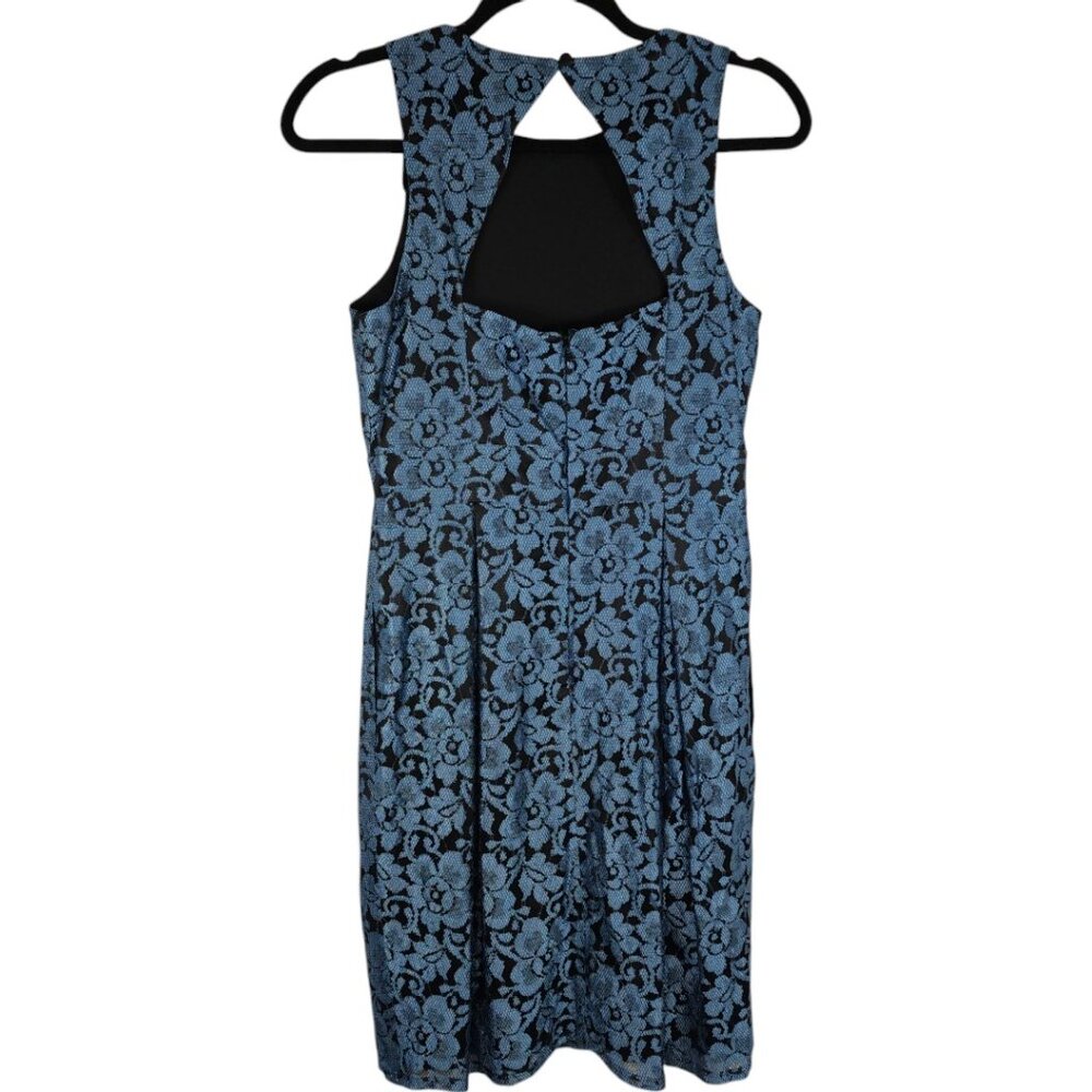Eliza J Lace Black Blue Floral Cocktail Fit Flare Pleated Mini Dress Size 4 - Picture 4 of 17